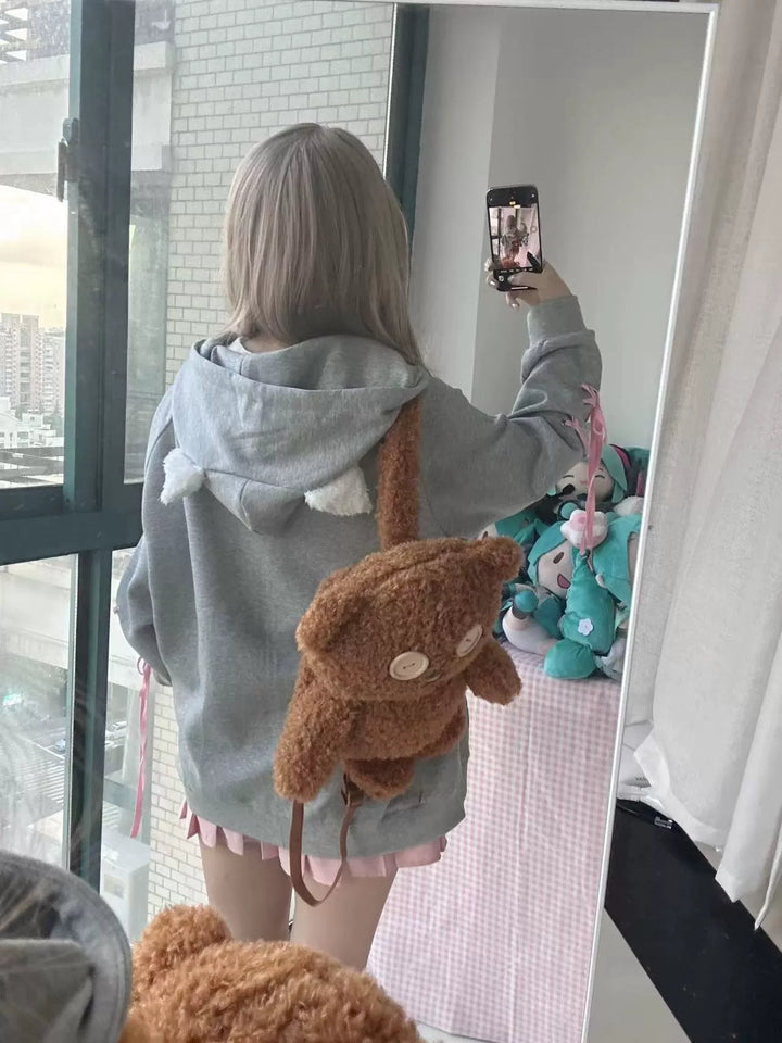 Kawaii Coat Cat Ear Hood Grey Jacket With Pink Ribbons 39708:637848