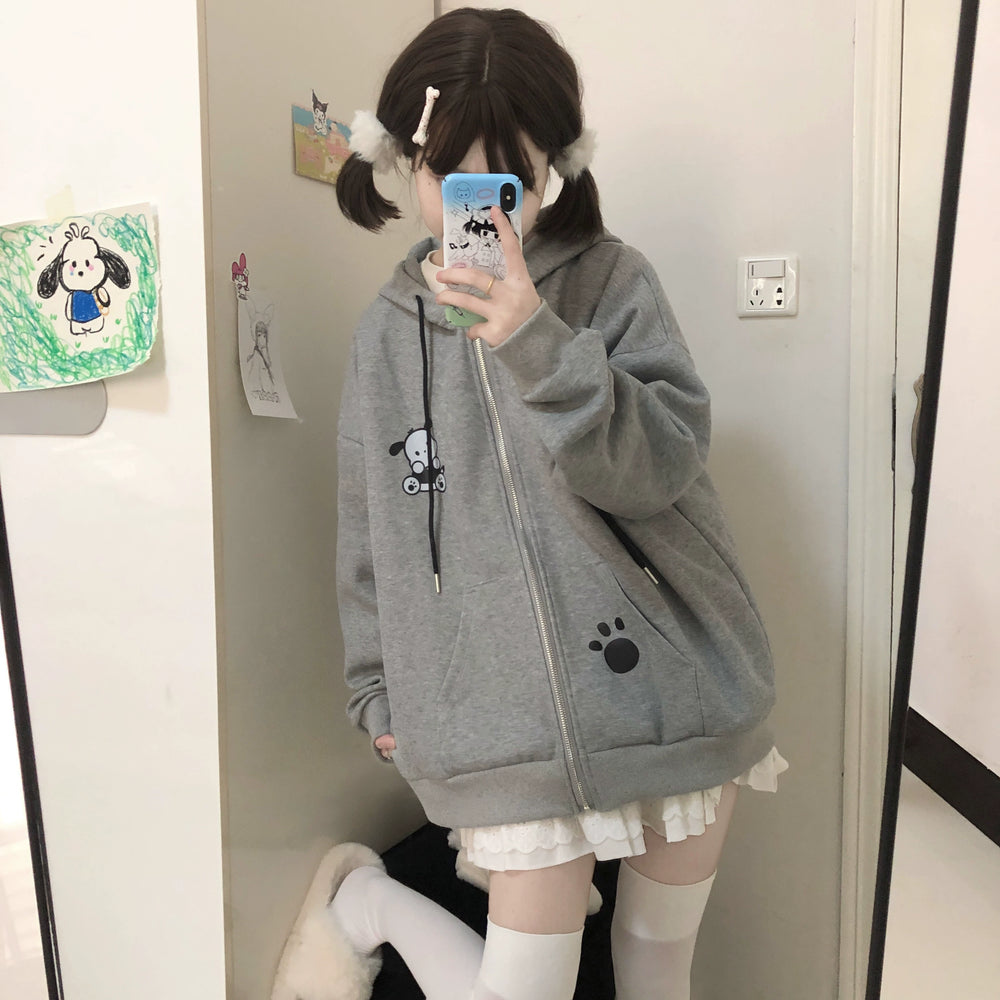 Kawaii Coat Grey Dog Ear Coat Long Sleeve Jacket (L M XL) 39720:645090