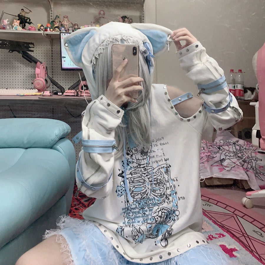 Jirai Kei Bicolor Hoodie Open Shoulder Cat Ears Hoodie 33592:443792 33592:443792