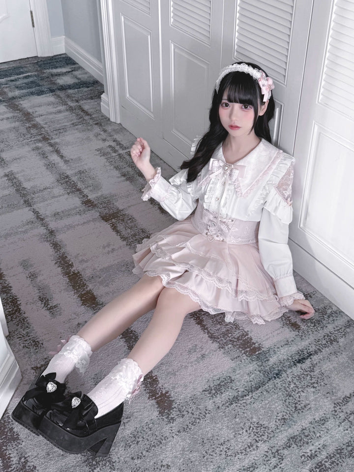 High-waist Jirai Kei Skirt, Pearl & Rhinestone Accents 44782:826686