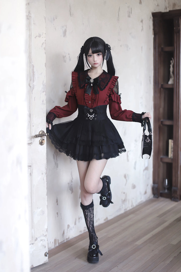 Jirai Kei Long Sleeve Blouse, Lace Overlay and Heart Buttons 44589:815126