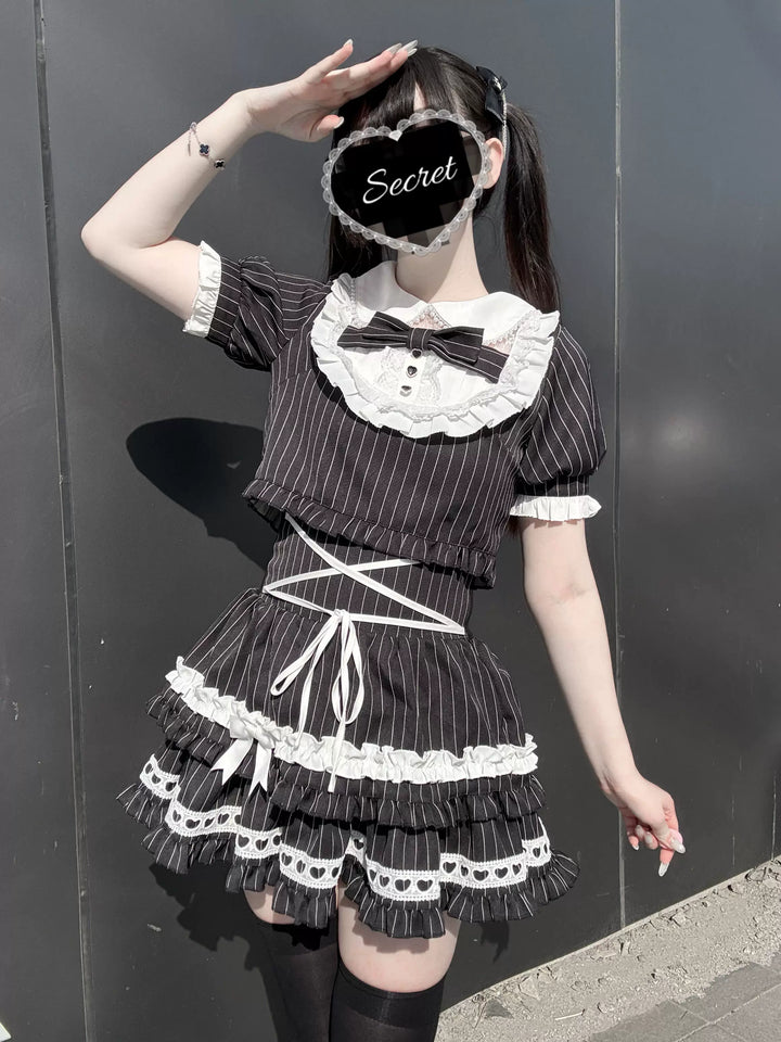Jirai Kei Striped Blouse and Skirt Set, Pearl-trimmed Collar 45333:848633