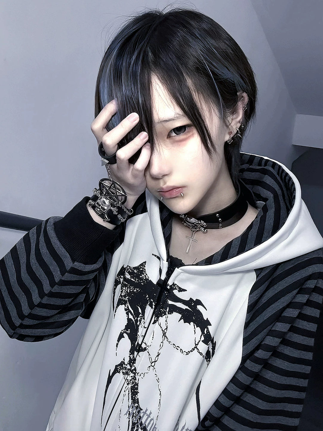 Subculture Hooded Scythe Print Coat, Side Pocket 45269:844142