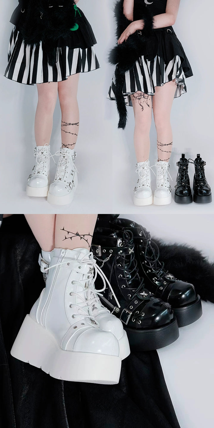 Punk Shoes Black White Platform Gyaru Fashion Combat Boots 29710:368852