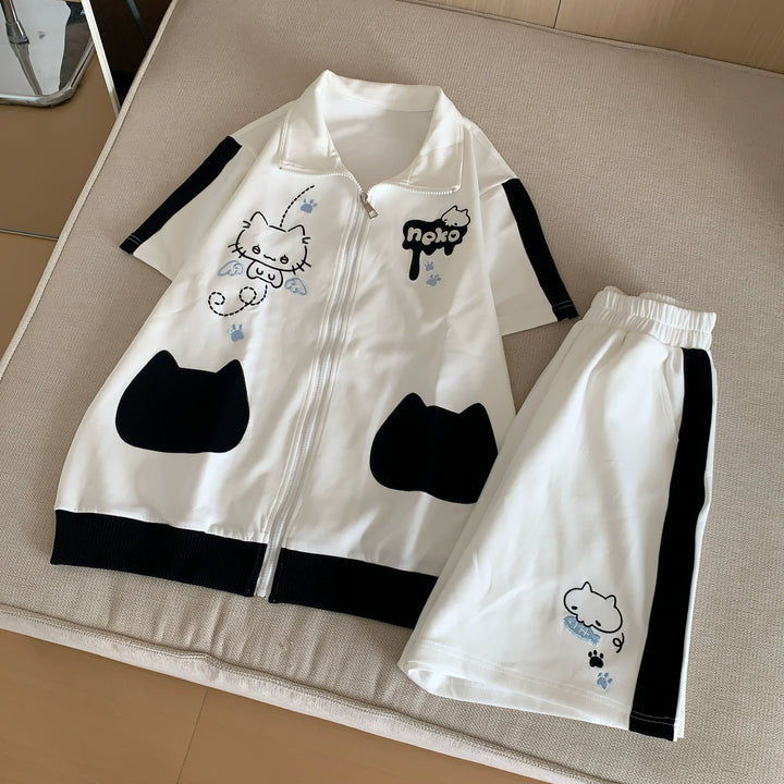 Cat Printed Kawaii Outfit, Zip Up Sweatshirt + Pocketed Shorts (L M S) 43561:779960