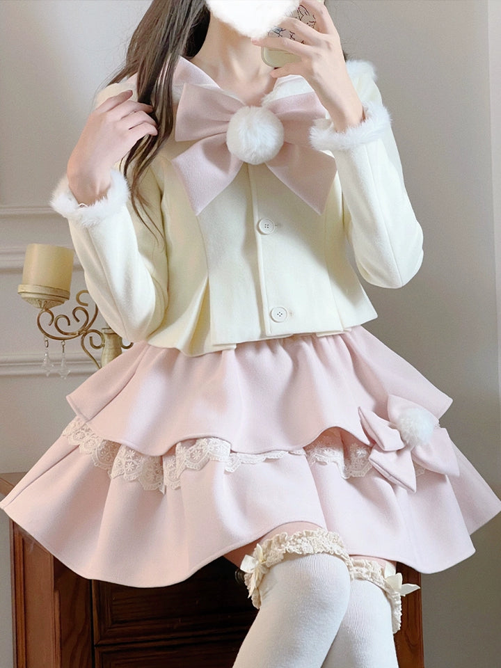 Ryousangata Beige Winter Coat Slim Pink Tiered Skirt 40880:690692