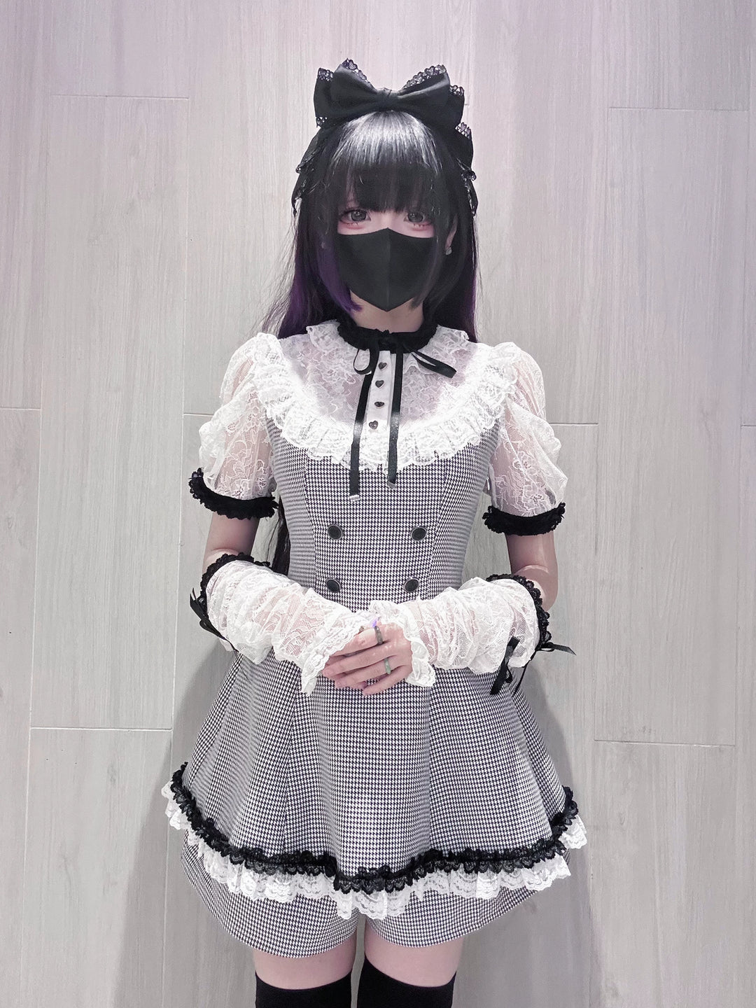 Jirai Kei Houndstooth Pattern Dress, Lace & Detachable Sleeves 44922:828291