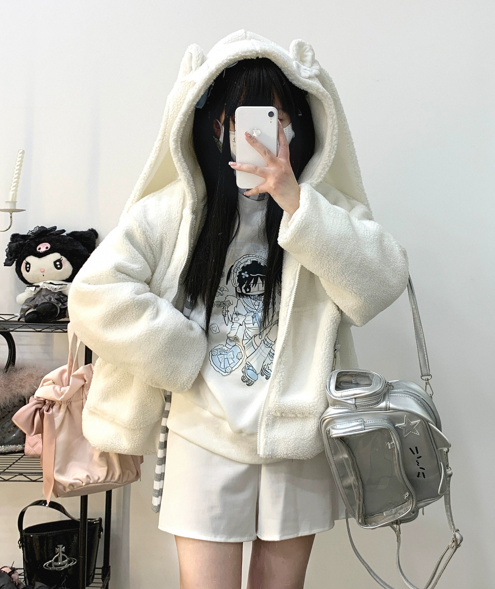 Jirai Kei White Black Coat Zipper Rabbit Ear Lamb Fleece Coat 31862:371852