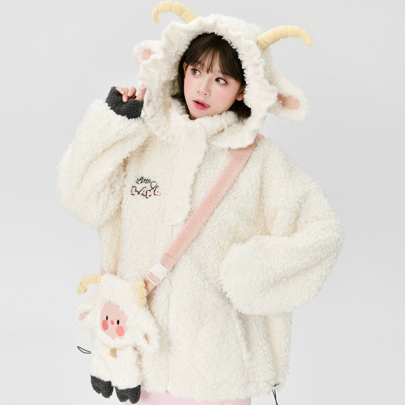 Mori Kei White Winter Jacket Little Sheep Fleece Coat 22696:328472