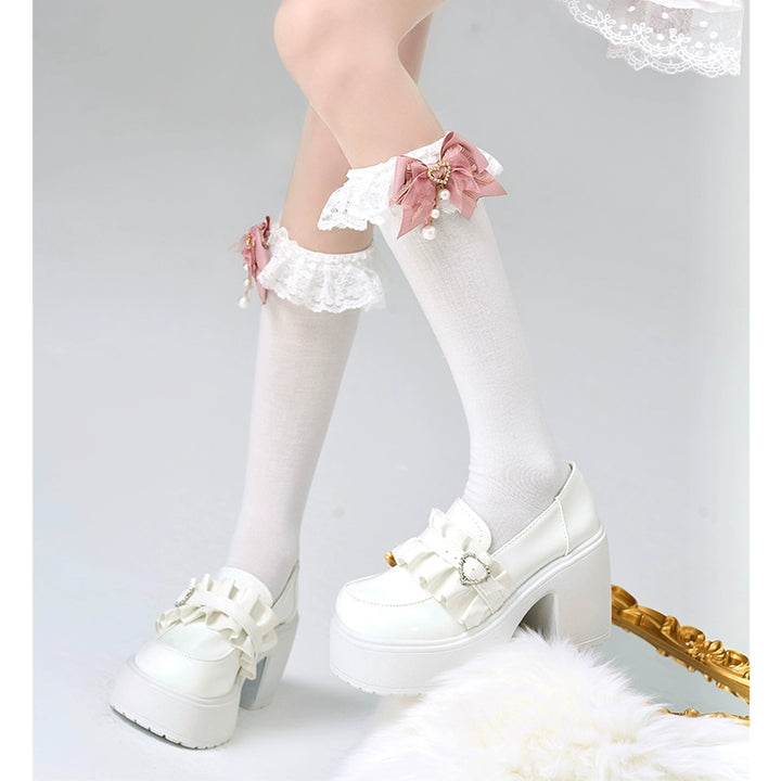 Jirai Kei Mid Length Cotton Socks, Bows and Pearls 44121:797898