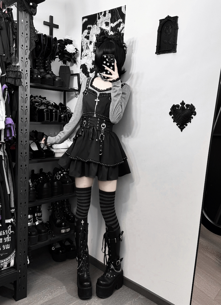 Jirai Kei Skirt Outfit, Top With Detachable Camisole 44809:822681