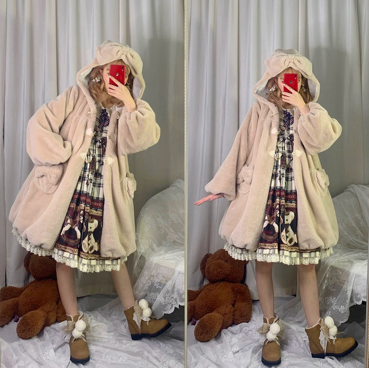 Kawaii Beige Winter Coat Bunny Fur Toggle Coat 22762:353542 22762:353542