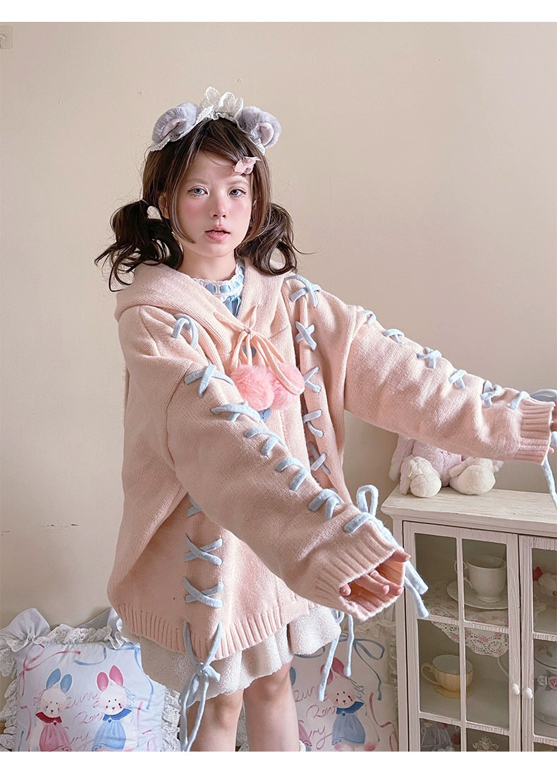 Kawaii White Pink Blue Cardigan Bunny Ears Sweater Coat 22658:345240 22658:345240