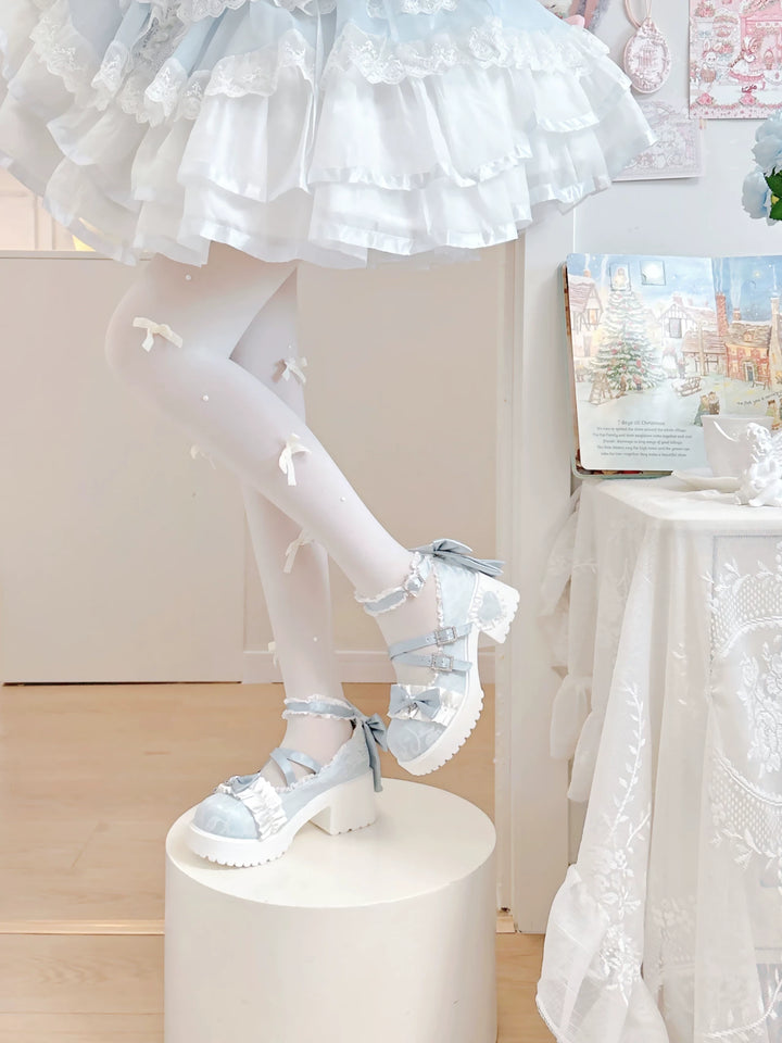 Classic Lolita Mary Jane Shoes, Lace Tulle & Ribbon Bow 46012:873438