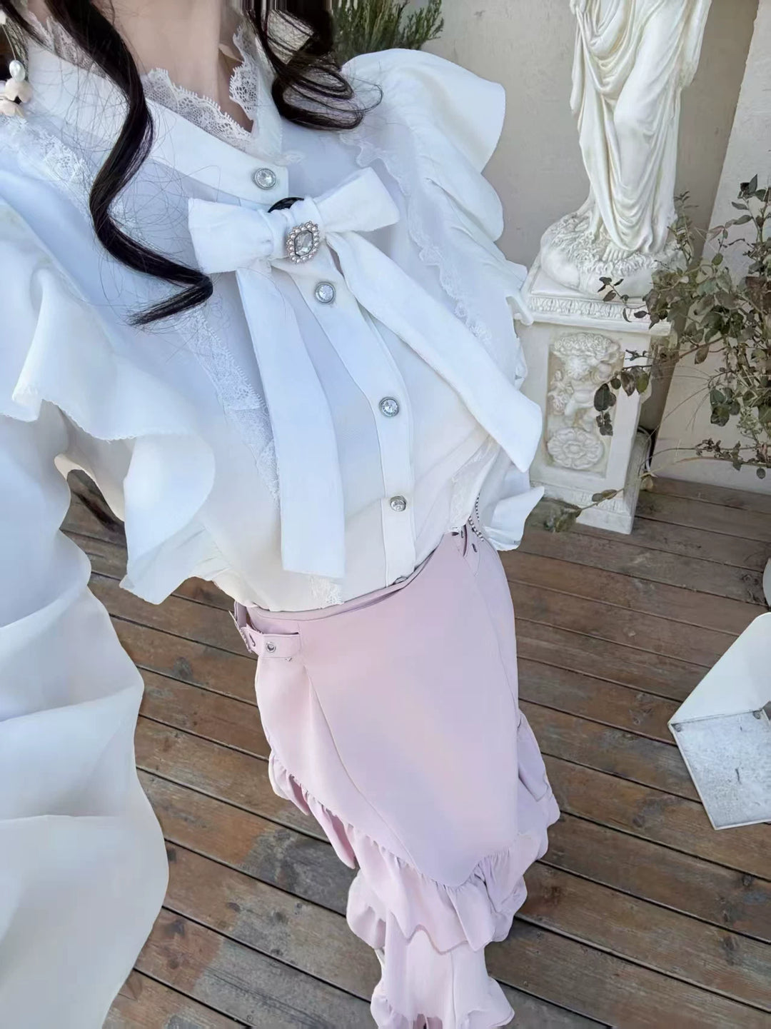 Elegant White Blouse and Pink Mermaid Skirt Set 44511:810978