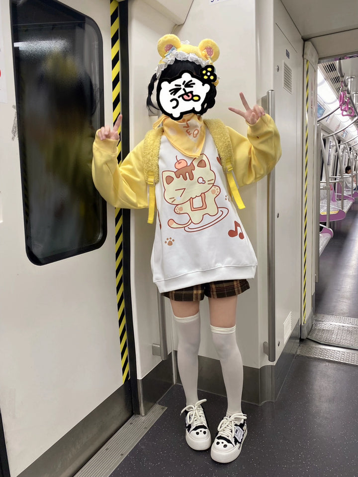 Kawaii Creamy Yellow Raglan Sleeve Long T-shirt Hoodie (L M S) 22668:338340 (L M S) 22668:338340