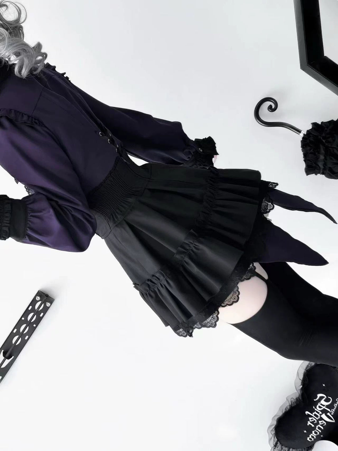 Jirai Kei High-Waist Skirt, Tiered Ruffles and Lace 44365:807240