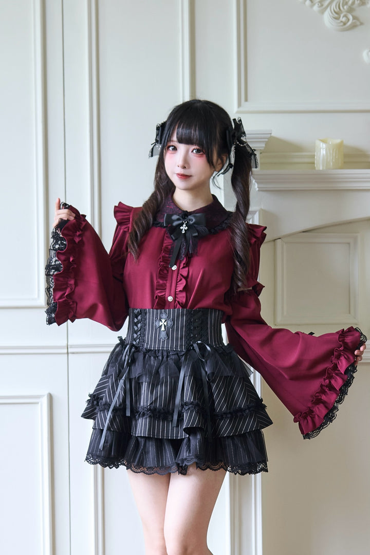 Ruffle Jirai Kei Blouse with Detachable Princess Sleeves And Bow (L M) 42522:744300