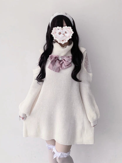 Jirai Kei White Sweater Dress Off-Shoulder Lace Dress 31844:372120