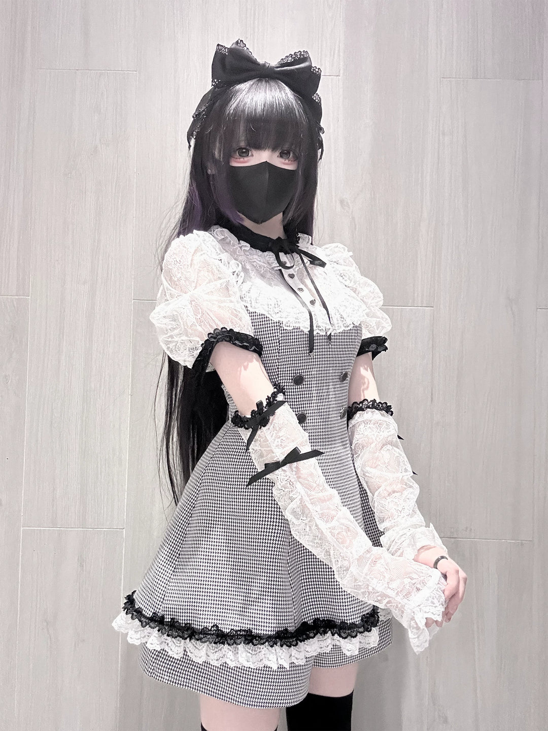 Jirai Kei Houndstooth Pattern Dress, Lace & Detachable Sleeves 44922:828294