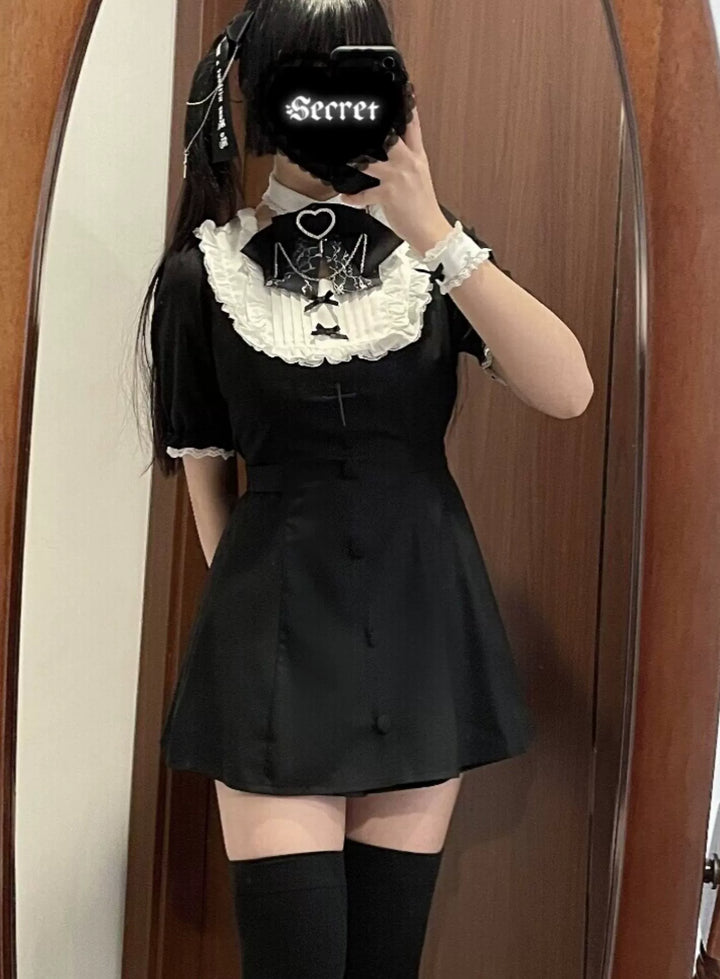 Plus Size Jirai Kei Black White Set Up Lace Bow Blouse Shorts (2XL 3XL 4XL L M S XL XS) 31850:700712