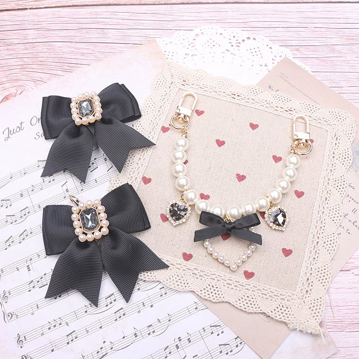 Ryousangata Bag Chain & Bow Charm, Heart-Shaped Rhinestone (Black) 45075:839496