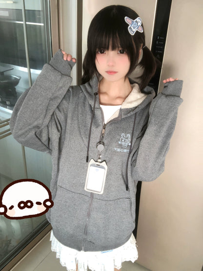 Jirai Kei Fleece Hoodie Black Gray Embroidery Winter Coat 32928:408796