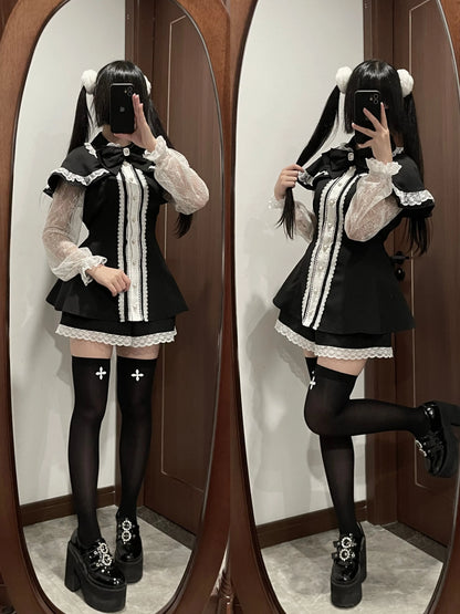 Jirai Kei Dress Set Lace Sleeve Black Cape Outfit Sets 37456:561390