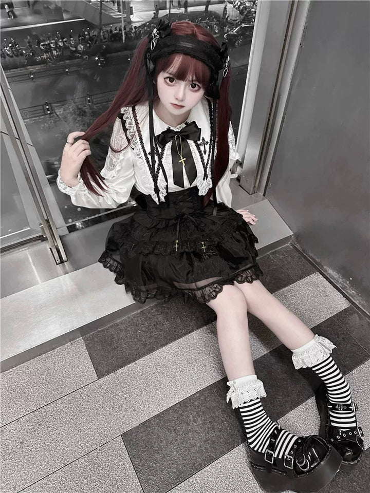 Jirai Kei Flutter Sleeve Suspender Skirt Set, Cross Pendants 45581:860438