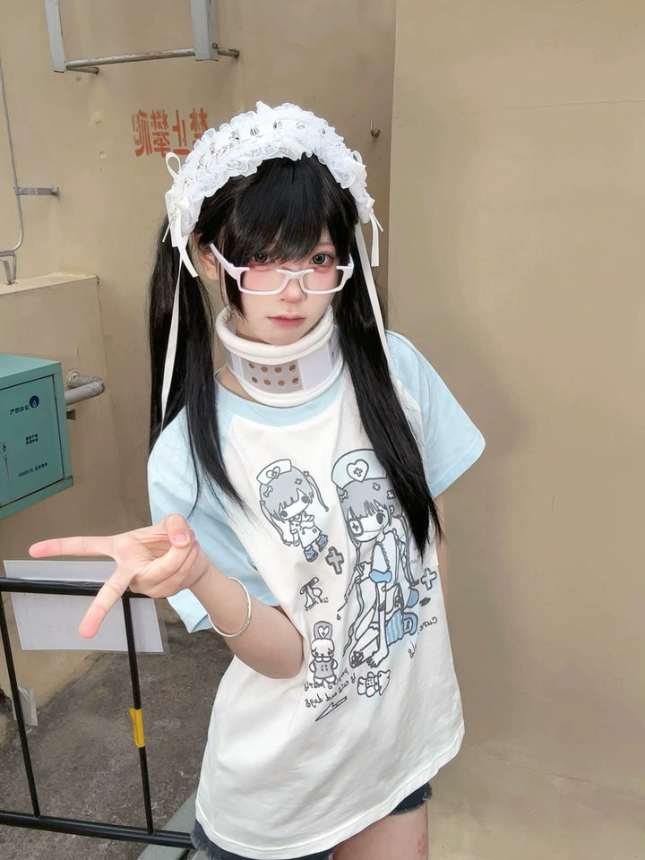 Yami Kawaii Cotton T-Shirt with Angelic Nurse Print 42852:755359