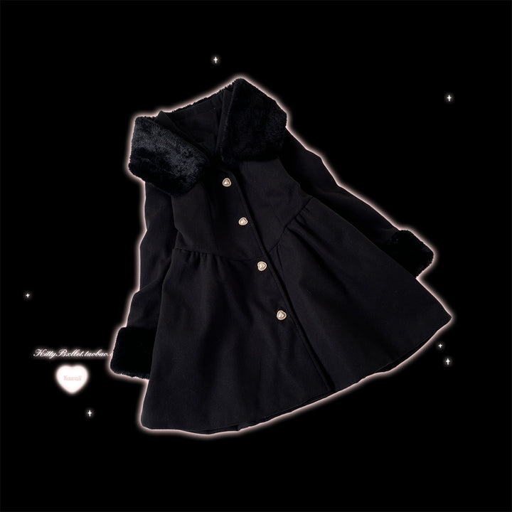 Jirai Kei Coat Detachable Fur Collar Dress Coat Wool-like Jacket (Black) 40416:667610