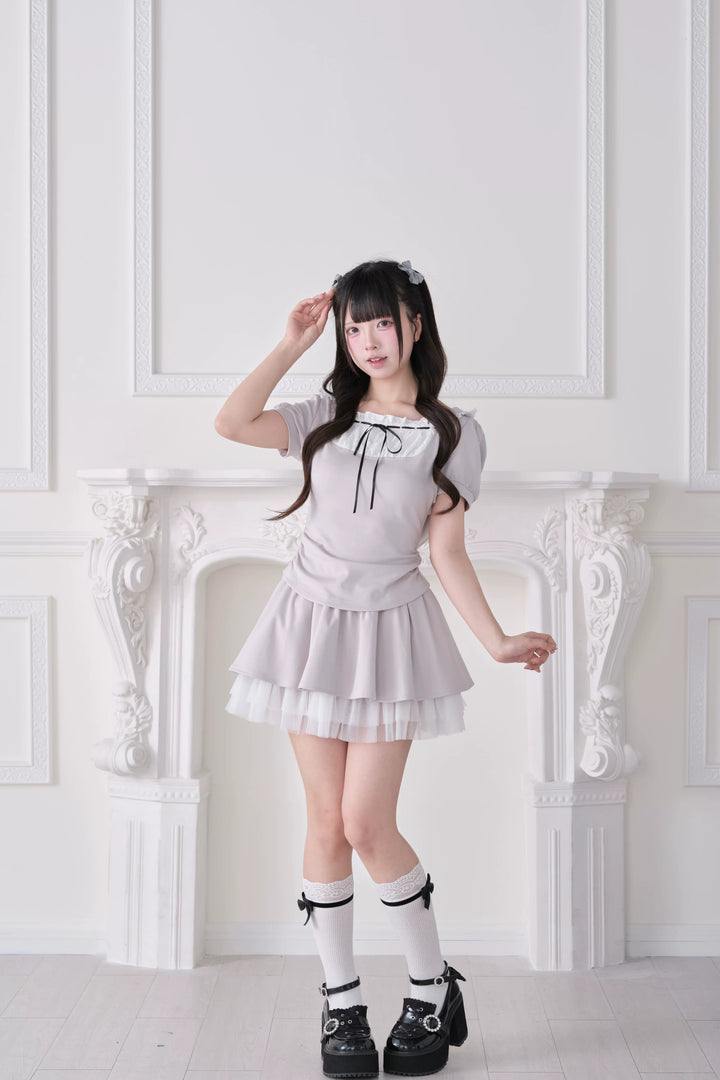Jirai Kei Hoodie Top & Skirt Set, Tulle Hem 44941:829938