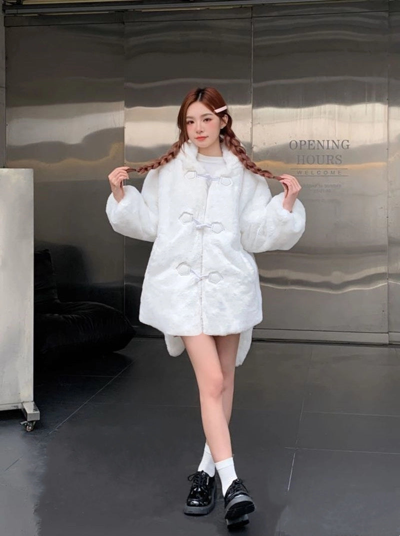 White Black Jirai Kei Winter Coat Rabbit Ear Fleece Coat – Honey Wardrobe