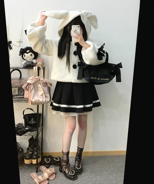 Jirai Kei Winter Coat White Black Plush Jacket With Rabbit Ear 31854:372632