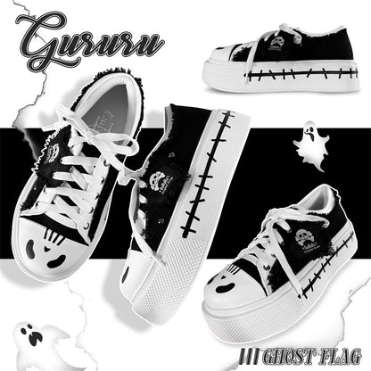 Y2K Subculture Girl Platform Canvas Black White Shoes 28960:343974