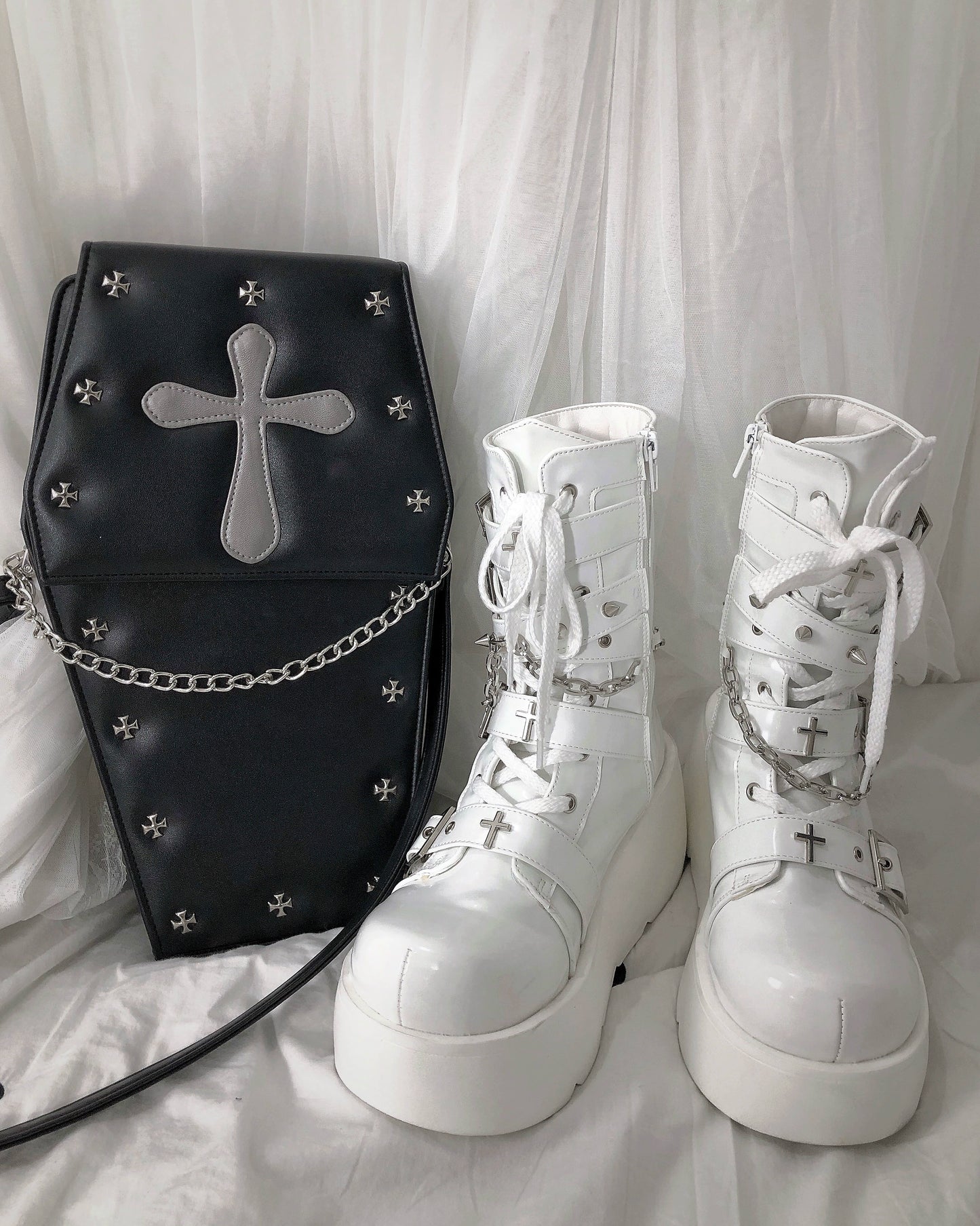Y2K Spicy Girl Cross Black White Platform Shoes Boots 28962:343916