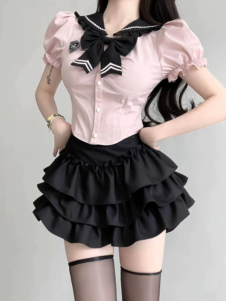 Gyaru Fashion Outfit Puff Sleeves Blouse High Waist Skirt 37010:549154