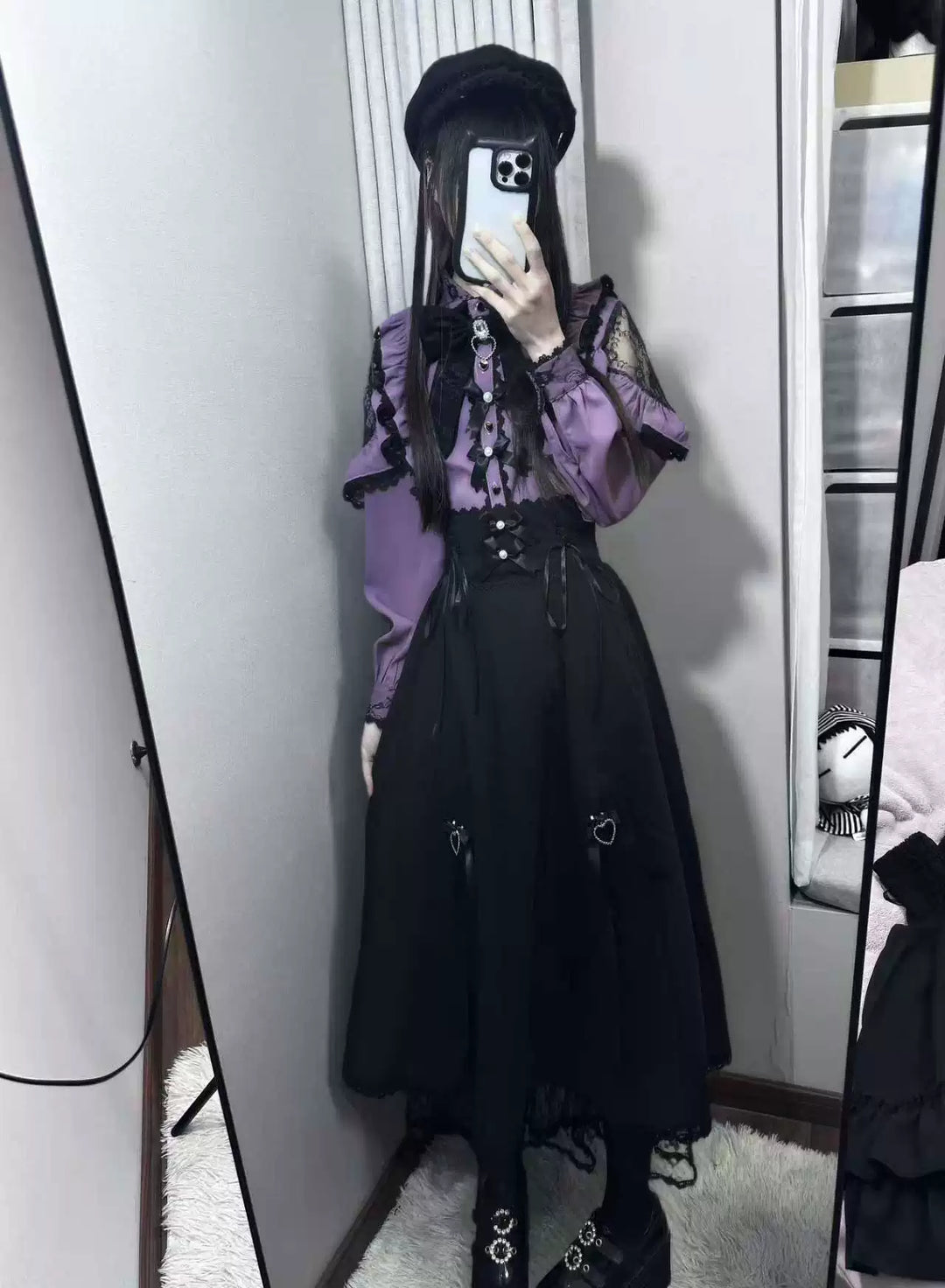 Purple Jirai Kei Blouse, Lace Trim and Detachable Bows 44666:818558