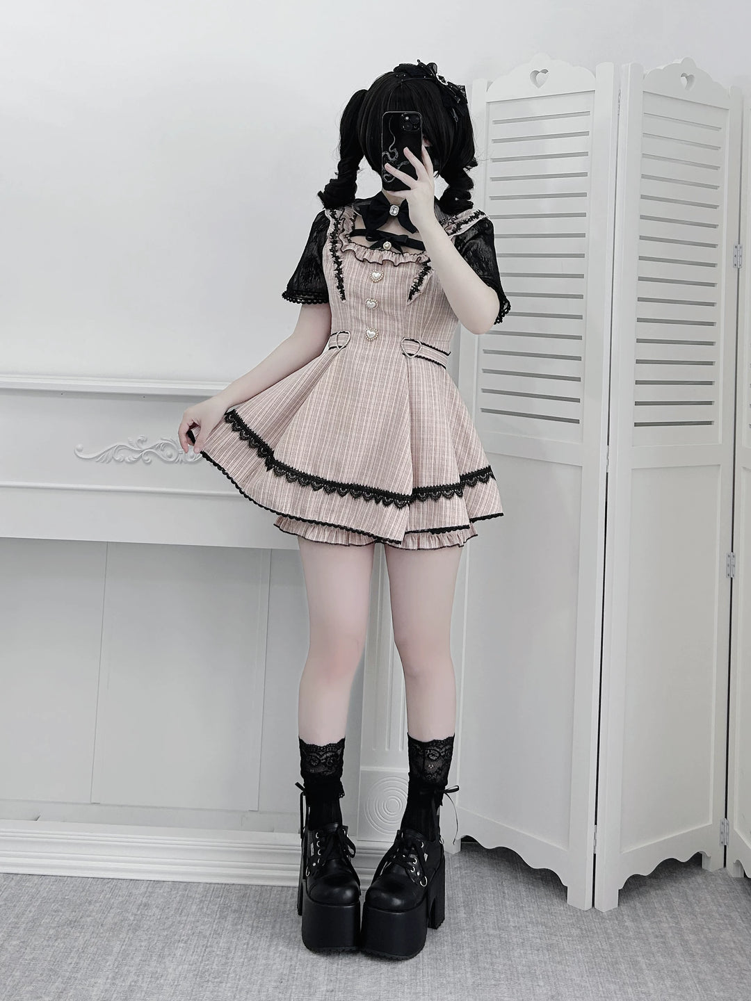 Jirai Kei Lace Sleeve Dress Set, Detachable Faux Collar 45261:842970