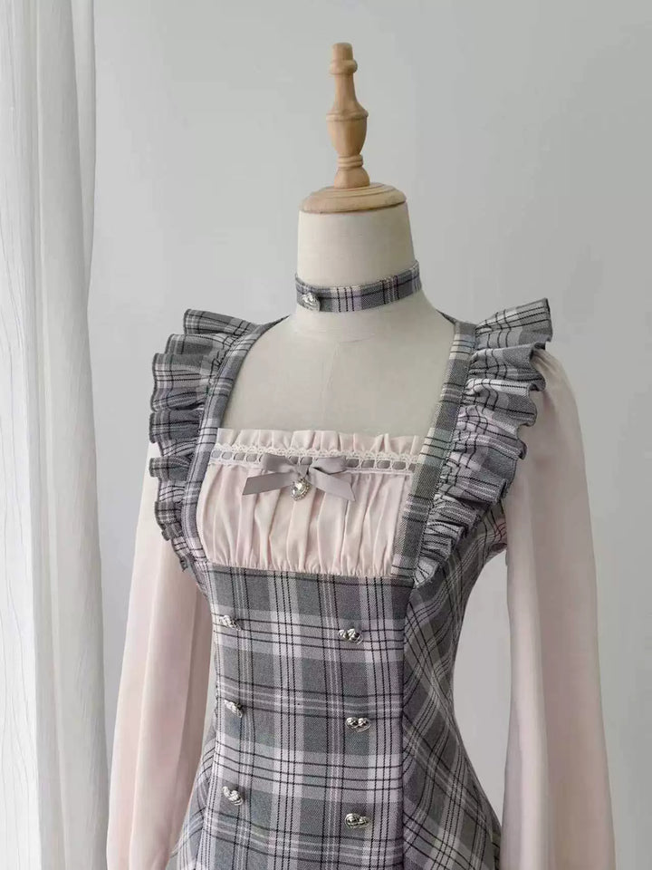Ryousangata Pink Grey Plaid Dress Set with Choker 46077:874930