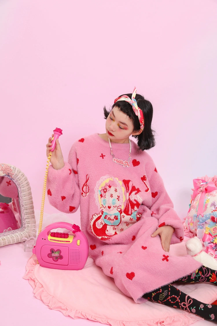 Kawaii Pink Sweater Dress Fluffy Dress With Heart Cat Patterns 31508:367818 31508:367818