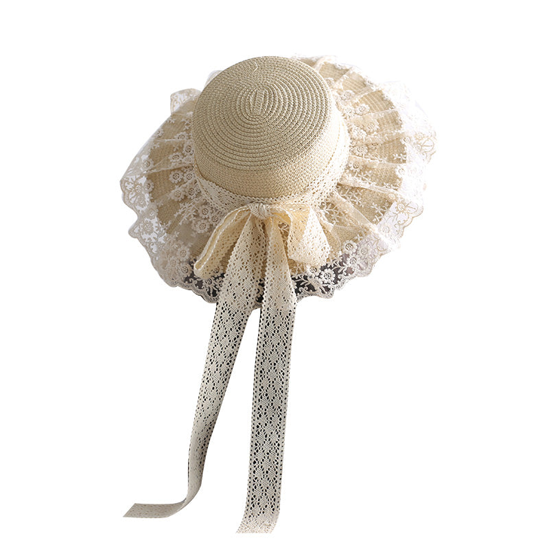 Mori Kei Sunhat Country Lolita Lace Frill Straw Hat With Ribbon Bow 42248:733516