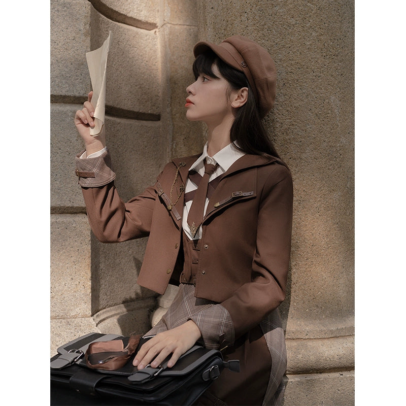 Preppy Style Brown Jacket Blouse Skirt Set (L M S XL) 29528:350380