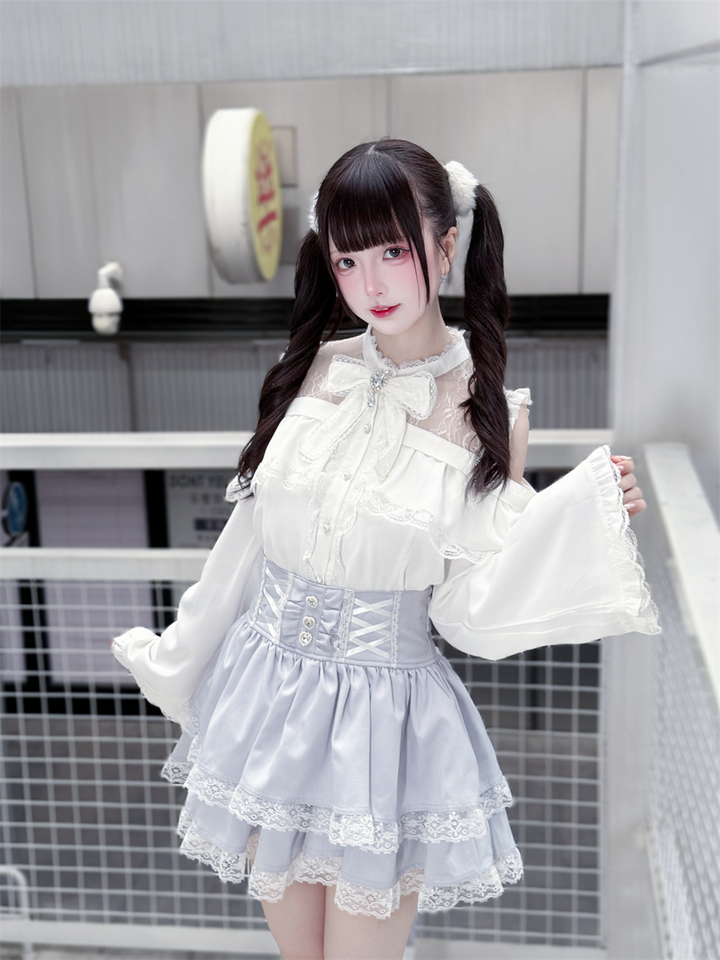 Jirai Kei Open Shoulder Blouse + Tiered Ruffles Skirt (2XL L M S XL) 43686:782896