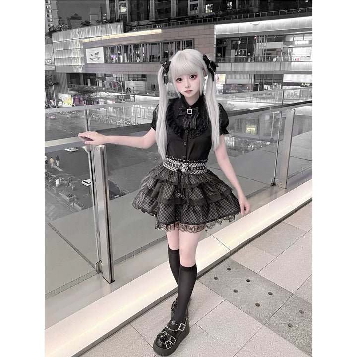 Jirai Kei Black Blouse and Plaid Skirt Set, Tulle Overlay 45572:855457