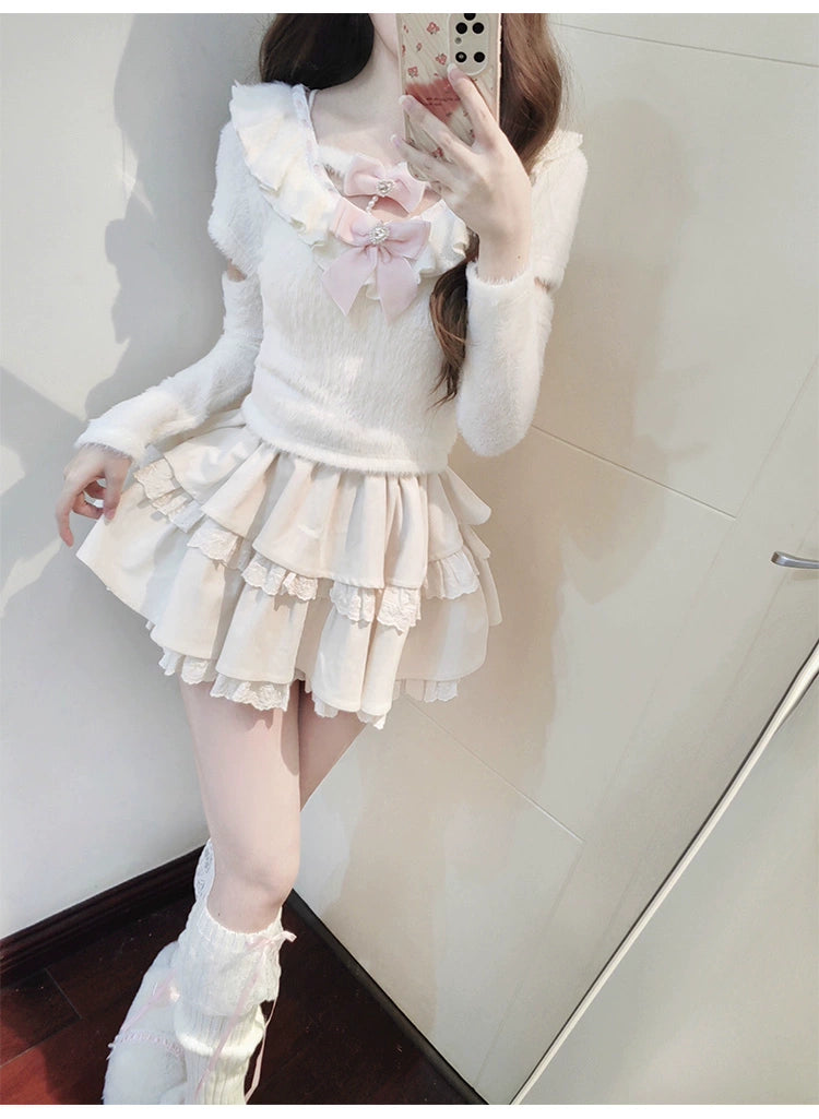 Sweet Kawaii White Sweater Cake Skirt Set 41556:703724