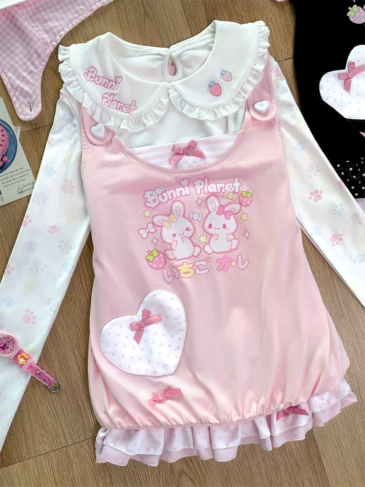 Kawaii Strawberry Bunny Tank Top with Detachable Bunny Hood 43030:762428