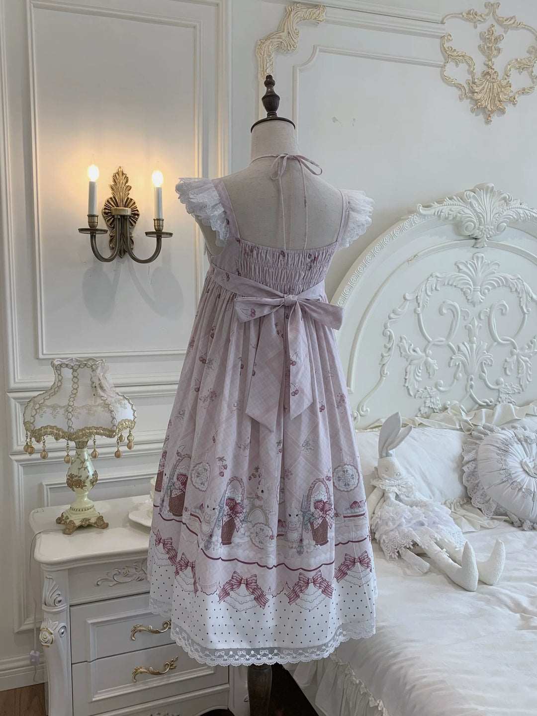 Strawberry Bunny Printed Kawaii Lolita Dress, Halter Neckline 45456:857961