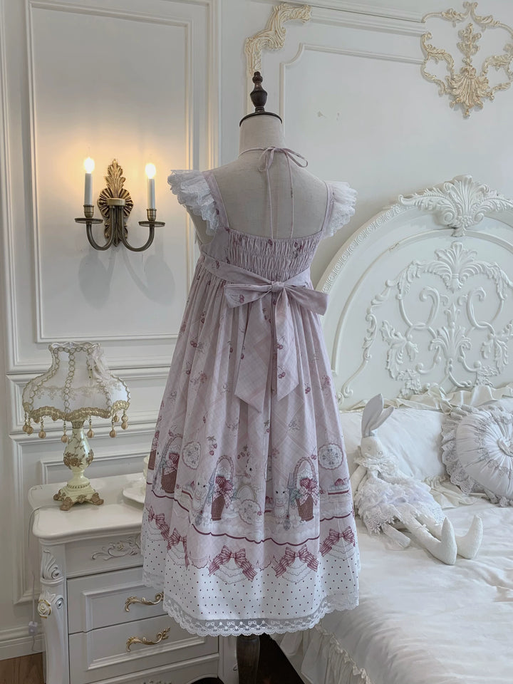 Strawberry Bunny Printed Kawaii Lolita Dress, Halter Neckline 45456:857961