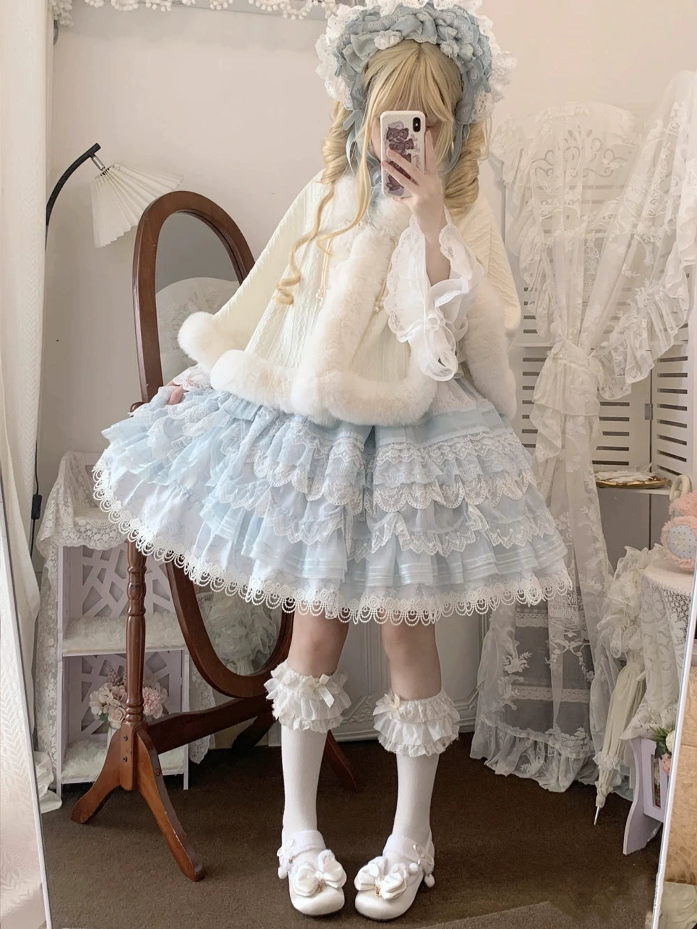 Sweet Lolita Coat White Cape Coat Winter Velvet Cloak 41066:685686